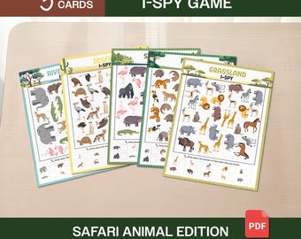 I-Spy Safari-activiteitenpakket dieren | Werkbladen van 5 categorieën: woestijn, grasland, rivieroever, moeras en bosdieren | Druk boek afdrukbaar (pdf)