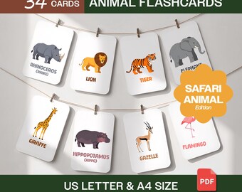 34 safaridieren-flashcards voor kinderen | Afdrukbare kaarten voor het leren van dieren in het wild | Activiteit kleuterschool, thuisonderwijs en montessori (pdf)