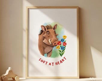 Warthog Affirmation Poster for Kids | “Soft at Heart” Safari Animal Wall Art | Printable Nursery Quote | Jungle Emotional Learning Decor