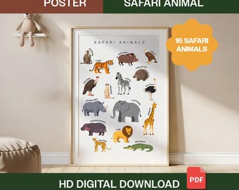 Safari Animal Poster – Realistic Wildlife Wall Art for Kids | Classroom & Nursery Playroom Learning Montessori Decor (DIGITAL DOWNLOAD)
