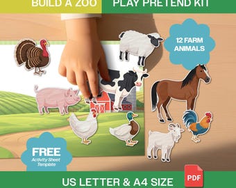 12 activiteitenpakket boerderijdieren: een dierentuin bouwen fantasiespel, US Letter en A4-formaat (pdf)
