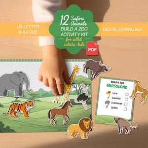 May include: A colorful educational activity kit featuring 12 safari animal cutouts. The kit includes a grassland scene and a checklist. Text on the image reads "Build a Zoo Activity Kit" and "Digital Download".