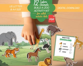 Bouw een dierentuinsafari Dierenspeelset voor neurodivergente kinderen Afdrukbare fantasiespel Sorteeractiviteiten Autisme ADHD Visueel leren werkbladen