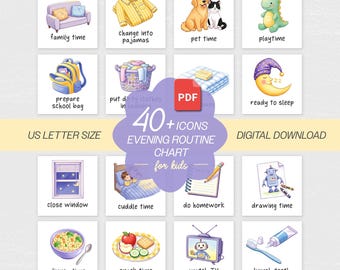 Visuele avondroutinekaarten voor kinderen met autisme ADHD Afdrukbare kaarten voor het slapengaan Visueel schema Rustige routine voor neurodivergente kinderen