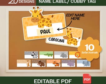 Bewerkbare naamlabels voor Montessori-safaridieren | Cubby Tags en klasorganisatie | 10 schattige dierenontwerpen | Afdrukbaar kinderfeestje (pdf)