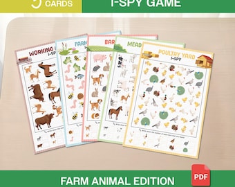 I-Spy activiteitenpakket boerderijdieren | Werkbladen van 5 categorieën: weide, hok, schuur, vijver en werkende dieren | Druk boek afdrukbaar (pdf)