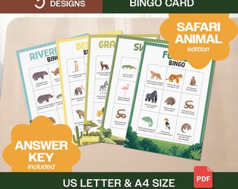 Safari Animal 5 Bingo Game (3x3): Habitat Learning Cards (PDF)