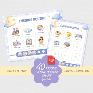 May include: Two illustrated "Evening Routine" charts for kids. Each chart features a blue and white gingham border and icons representing bedtime activities. The charts include the text "Evening Routine", "US Letter Size", and "Digital Download".