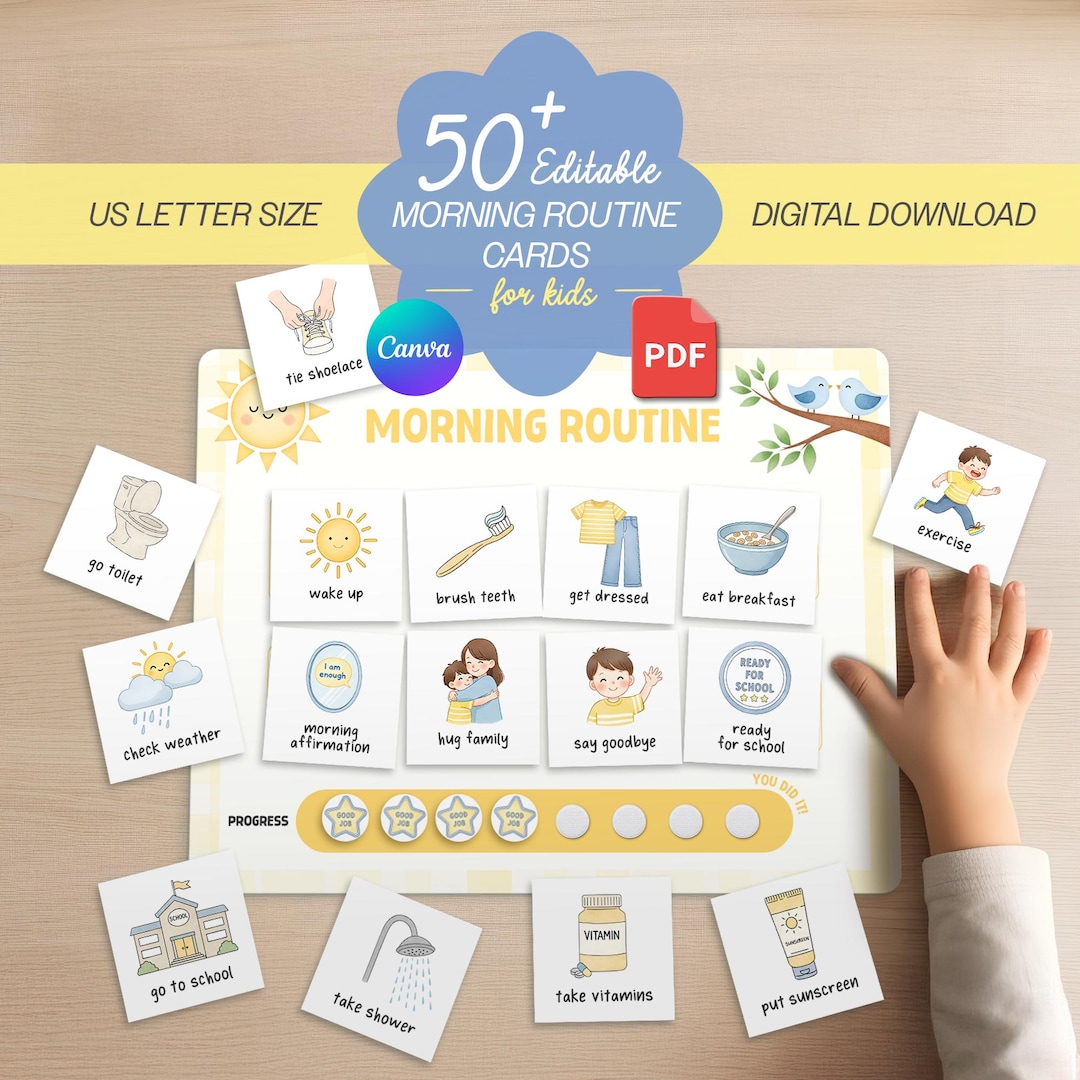 Morning Routine Visual Cards for Kids Editable Charts Daily Task ...
