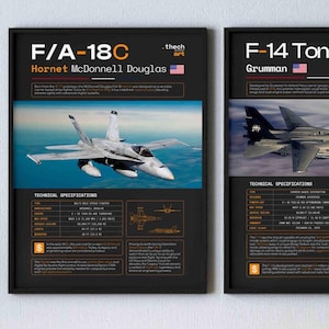 以下が含まれることがあります： 黒いフレームに入った2枚の航空技術プリントポスター。左側のポスターには青空を背景にしたF/A-18Cホーネット・マクドネル・ダグラスが、右側のポスターには曇り空を背景にしたF-14トムキャット・グラマンがそれぞれ描かれています。