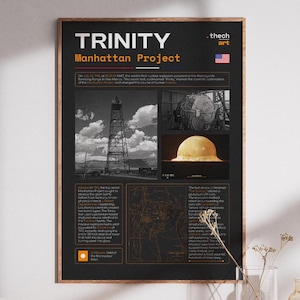 May include: A framed poster titled "TRINITY Manhattan Project" with black and white images of a tower, a sphere, and a mushroom cloud. The poster includes text about the first nuclear explosion and the Manhattan Project, with the American flag in the top right corner.