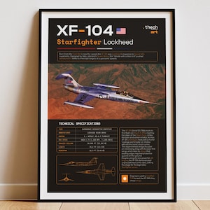 以下が含まれることがあります： XF-104 Starfighter Lockheed 航空機のフレーム入りポスター。ポスターには航空機の画像、技術仕様、およびテキスト「XF-104 Starfighter Lockheed」が含まれています。配色は主に黒、オレンジ、青です。