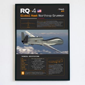 May include: A framed print featuring an RQ-4 Global Hawk aircraft. The image shows the aircraft in flight against a blue sky, with technical specifications and text. The print has a black frame.