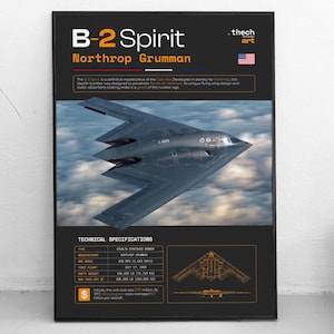 May include: A framed poster featuring a B-2 Spirit stealth bomber. The poster includes the text "B-2 Spirit" and "Northrop Grumman." Technical specifications and a diagram of the aircraft are also displayed. The background shows a cloudy sky.