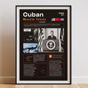May include: A framed poster with the title "Cuban Missile Crisis" in white text on a black background. The poster includes images of historical events, flags, and text describing the crisis. The flags of the United States, Cuba, and the Soviet Union are displayed.