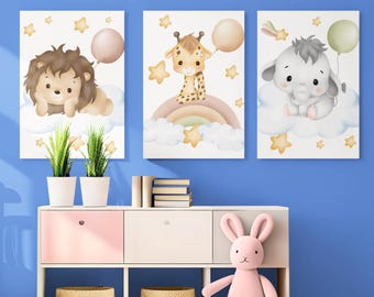 Jungle Baby Room Posters | Set of 3 Lion Giraffe Elephant Posters | Printable Wall Decor | Cute Animals to Download