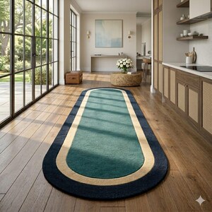 Retro Oval Runner Rug, Hand Tufted Wool Rug, Modern Hallway Runner, Teal Navy Area Rug, Mid Century Modern Rug, Entryway Kitchen Runner Rug