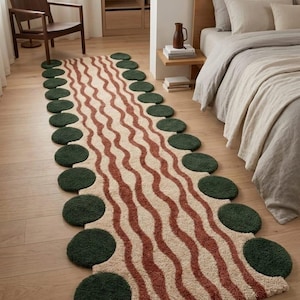 Hand Tufted Runner Rug, Modern Wavy Rug, Green Circle Border Rug, Scandinavian Hallway Rug, Bedroom Runner Carpet, Handmade Wool Area Rug