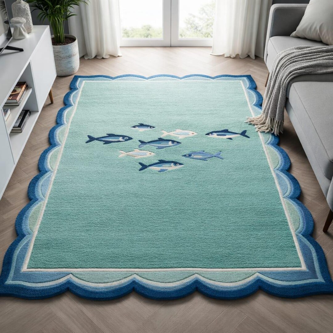 Hand-tufted Ocean Theme Kids Rug Underwater Coral Reef Design With Fish ...