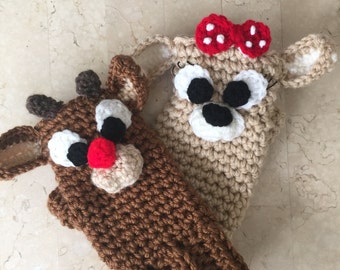 Crochet Rudolph The Red Nose Reindeer and Clarice Fingerless Gloves or Coffee Tea Cozy! PATTERN PDF ONLY