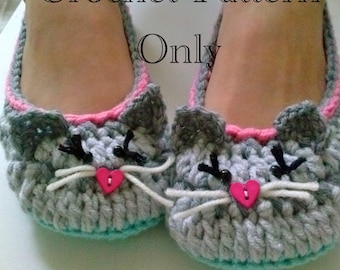 Women's Kitty Cat Slippers Crochet Pattern #201 PDF Instant Download Women's sizes 6-10