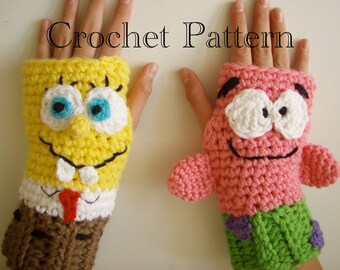 Sponge Bob & Patrick Fingerless Gloves Crochet PATTERN PDF