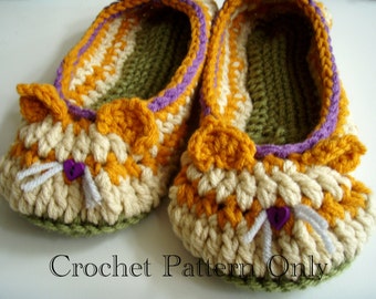 Kitty Cat Slippers Crochet Pattern #208 PDF Instant Download Little Girl sizes 10-3