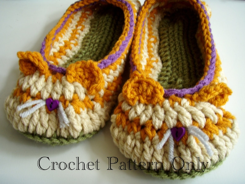 Kitty Cat Slippers Crochet Pattern 208 PDF Instant Download Little Girl sizes 10-3 image 1