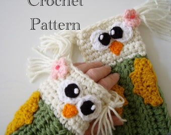 Crochet Owl Fingerless Gloves Pattern PDF Instant Download