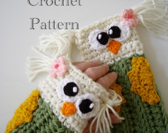 Crochet Owl Fingerless Gloves Pattern PDF Instant Download