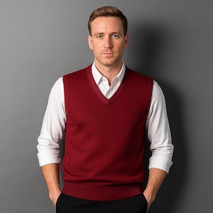 May include: A burgundy V-neck sweater vest worn over a white dress shirt. The vest features a ribbed hem and a classic fit. The model is wearing black trousers and has his hands in his pockets. The background is a solid grey.