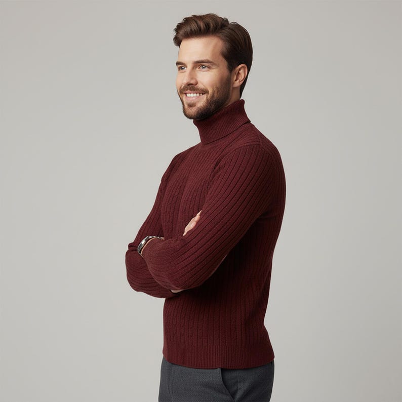 May include: A burgundy turtleneck sweater with a ribbed design. The sweater is made of a soft material and is worn with gray pants. The person is smiling with their arms crossed.