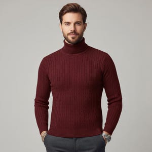 May include: A burgundy turtleneck sweater with a cable knit pattern. The long-sleeved sweater is made of a soft material and has a ribbed collar and cuffs. The sweater is shown on a person.