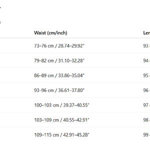 May include: Size chart showing waist and length measurements in both centimeters and inches. Sizes range from M to XXXXXL, with waist measurements from 28.74 inches to 45.28 inches and lengths from 36.61 inches to 39.01 inches.