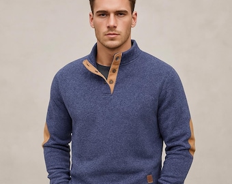 Men’s Button Neck Pullover, Stand Collar Fleece Sweatshirt, Casual Warm Quarter Snap Sweater