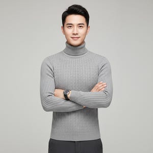May include: A light gray turtleneck sweater with a cable knit design. The long-sleeved sweater has a ribbed texture and is worn with a black watch. The model is wearing dark gray pants.