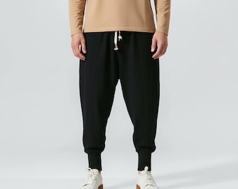 Men's Harem Yoga Pants, Cotton Linen Blend, Loose Fit Lounge Trousers