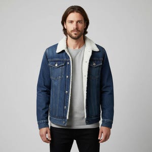 May include: A blue denim jacket with a white, fluffy shearling lining and collar. The jacket has two chest pockets and a button-up front. The model is wearing a gray t-shirt and black pants.
