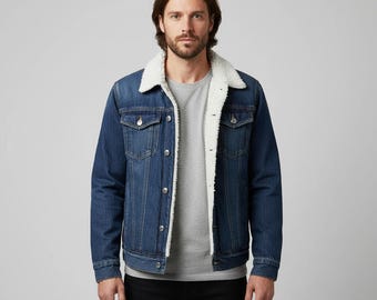 Men's Sherpa Lined Denim Trucker Jacket, Warm Fleece Collar