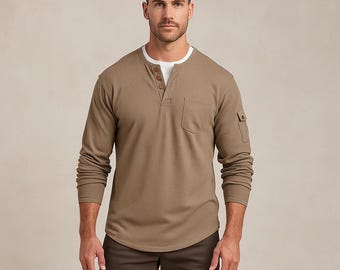 Men's Waffle Knit Henley Shirt - Long Sleeve Cotton Blend Top