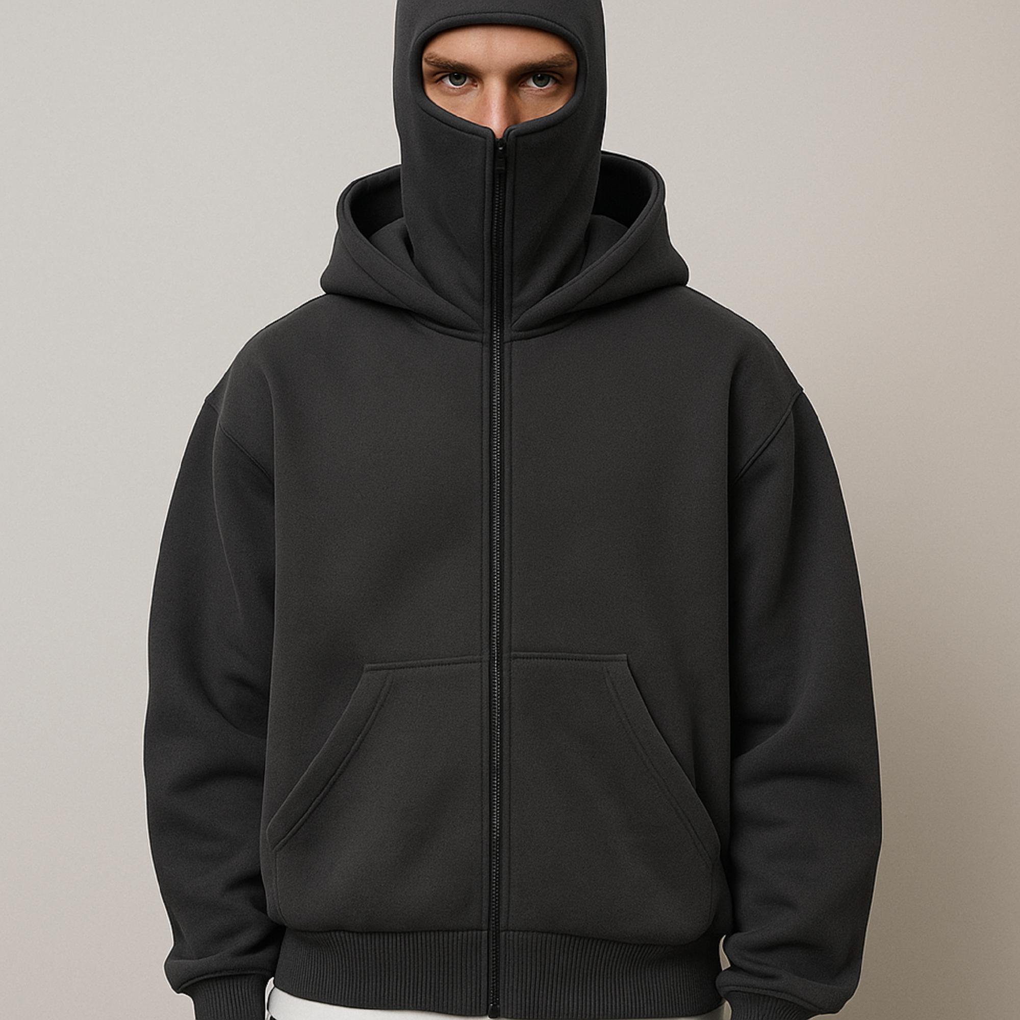 Men's Full Zip Balaclava Hoodie, Ninja Mask Inspired Hooded