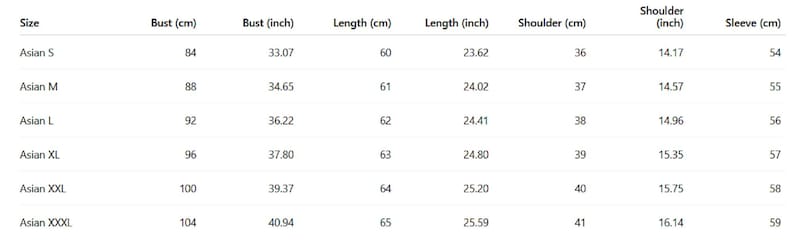 May include: A white chart with black text detailing clothing measurements. The chart includes sizes from Asian S to XXXL, with bust measurements in centimeters and inches, length in centimeters and inches, shoulder in centimeters and inches, and sleeve length in centimeters.