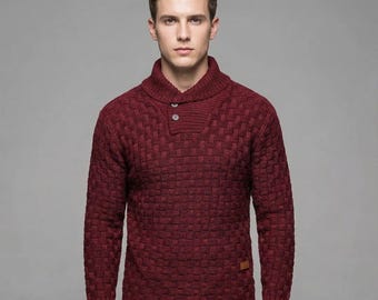 Heren trui met knopenhals, warme dikke wintertrui, casual gebreide kleding met structuur