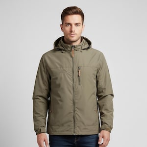 Może przedstawiać: Zielona kurtka z kapturem w kolorze oliwkowym z pełnym zamkiem błyskawicznym, małym logo na piersi i dwiema kieszeniami zapinanymi na zamek. Kurtka ma brązowy skórzany uchwyt zamka i kaptur ze sznurkiem. Zaprojektowana do aktywności na świeżym powietrzu.