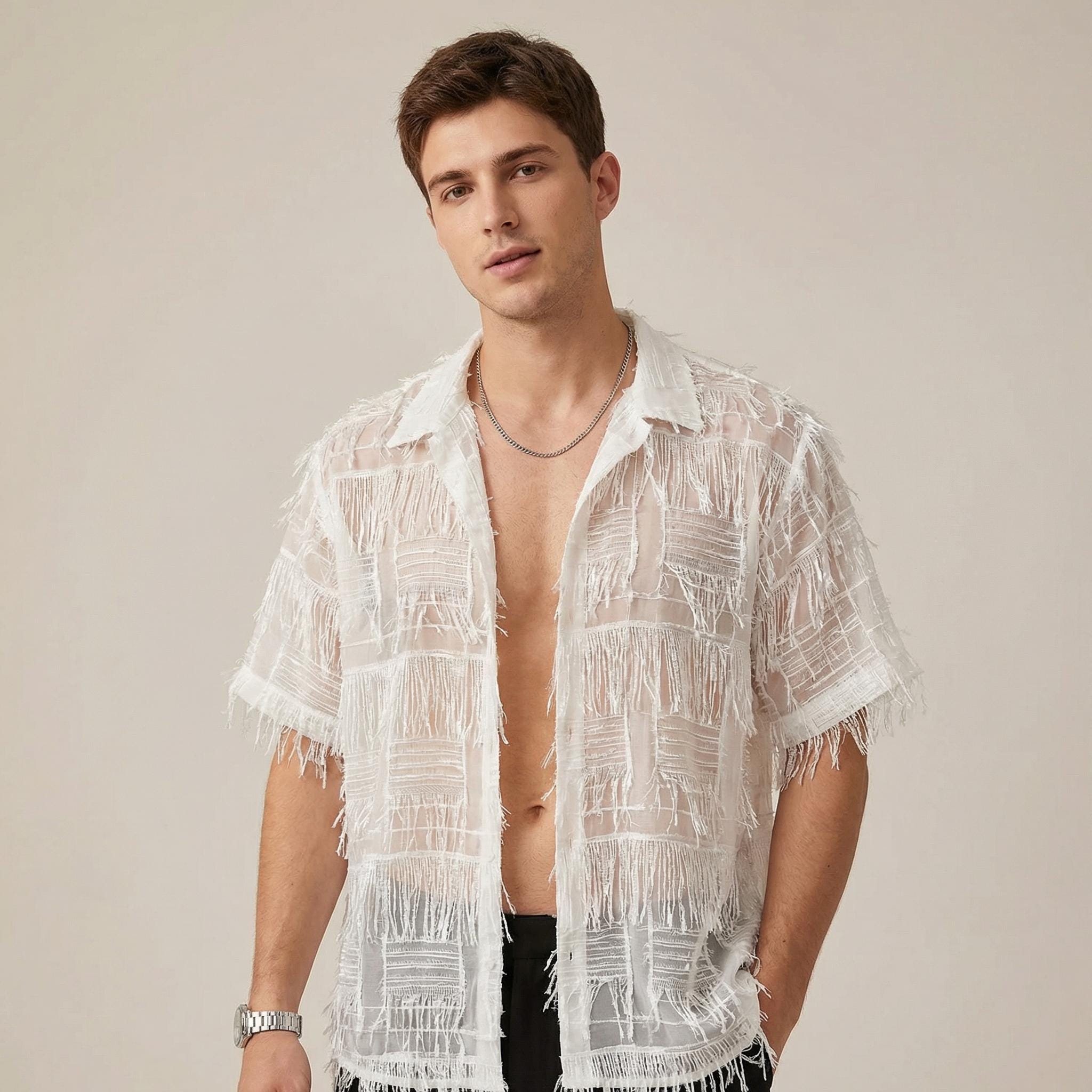 mens white dress shirt see through Amazon.com: Men's Lace See Through Shirts Blouse Sheer Short Sleeve Button  Down Fishnet Beach Shirts : Clothing, Shoes & Jewelry