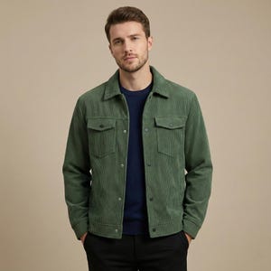 Op de afbeelding: Een groene corduroy jas met twee borstzakken en knoopsluitingen. De jas wordt gedragen over een marineblauwe trui. Het model draagt een zwarte broek. De jas is een casual bovenkledingstuk.