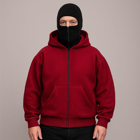 Men's Full Zip Balaclava Hoodie, Ninja Mask Inspired Hooded