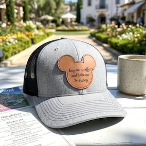 Buy Me a Coffee and Take Me to Disney Hat, Mickey Mouse Leather Patch Cap, Disney Vacation Cap, Coffee Lover Disney Cap, Leather Mouse Hat