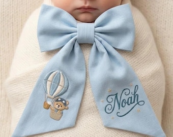 EMBROIDERED Personalized Baby Name Sash, Baby Boy Stork Bow Sash, Custom Newborn Hospital Door Hanger, Bear Hot Air Balloon Decor