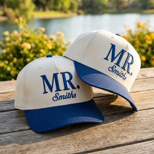 EMBROIDERED Custom Last Name Hat, MR. Smiths Cap, Personalized Groom Gift, Navy Blue Cream Two Tone, Wedding Gift , Embroidered Patch